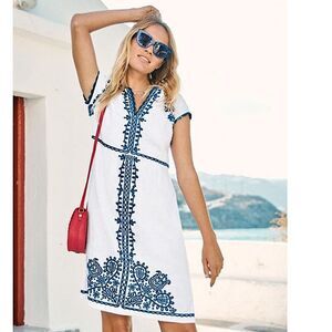 Boden Bea Linen Embroidered Dress - Cabin Blue Ticking Stripe Size US 2 (2R)